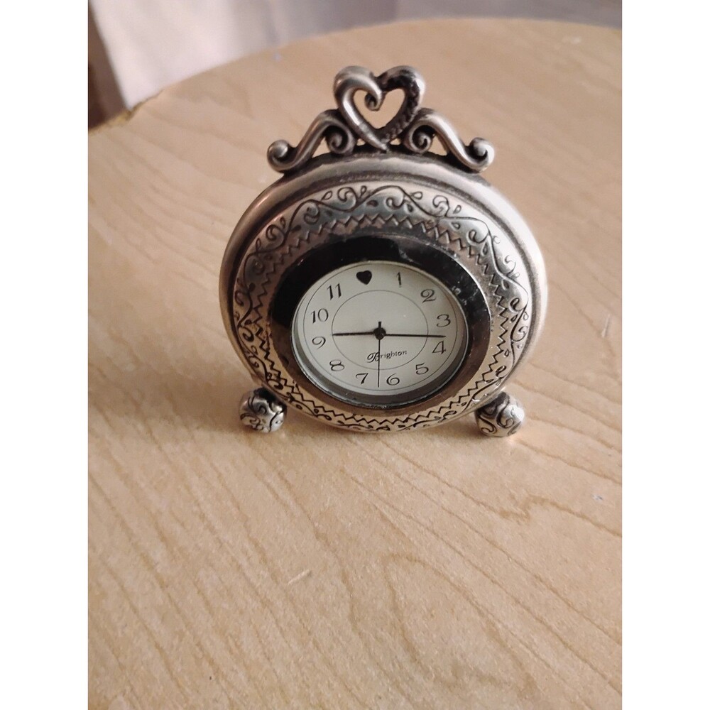 Brighton Silver Plated Ornate Heart Memphis Etched Scroll Framed Desk Clock